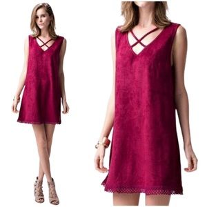 NEW Boutique Dress Faux Suede Shift Mini Lace Hem Burgundy Red Lace Up Neckline